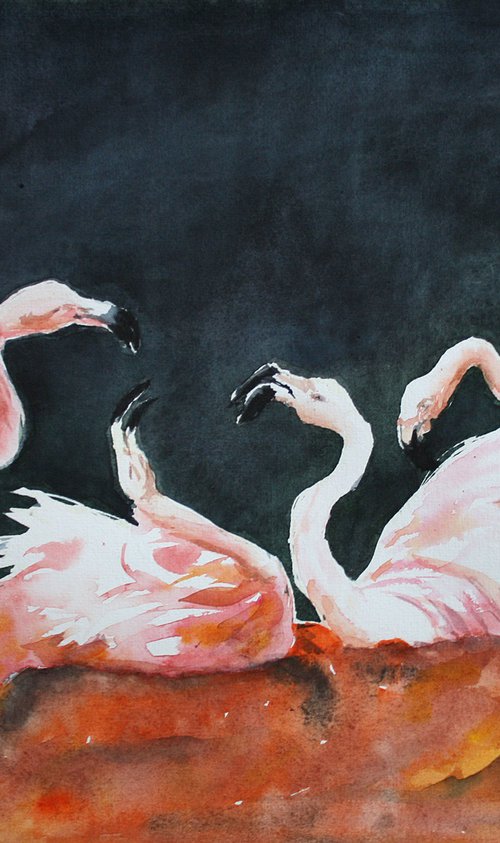 Flamingos / FROM THE ANIMAL PORTRAITS SERIES / ORIGINAL WATERCOLOR PAINTING by Salana Art