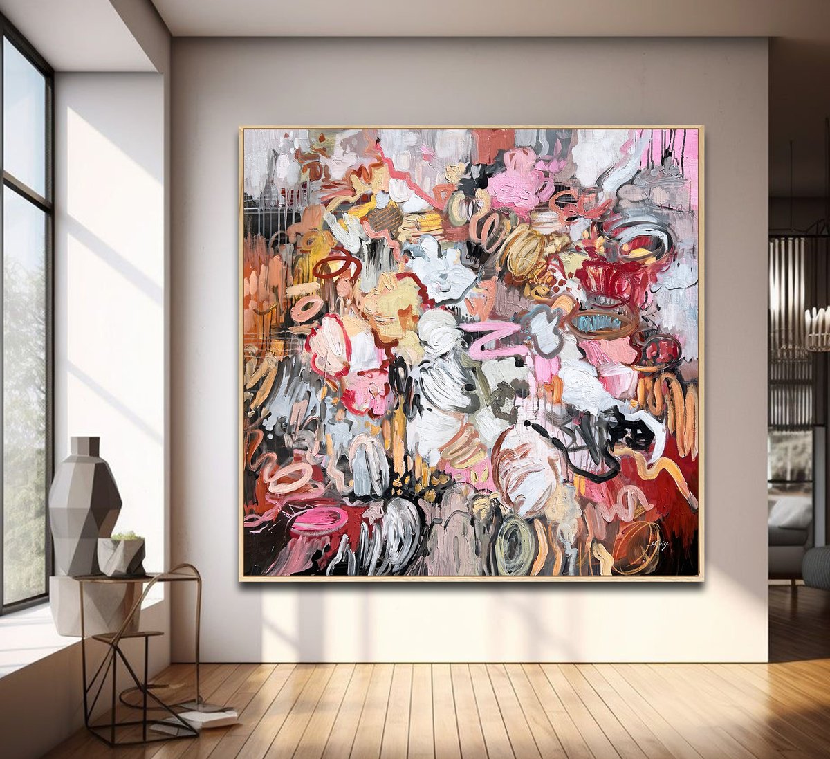 Abstract Acrylic Painting By Lana Guise, 49 X 49", Gold Burgundy Magic, Original Artwork