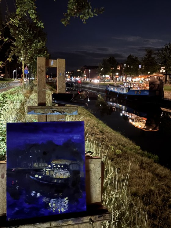 Nighttime Dutch canal boat