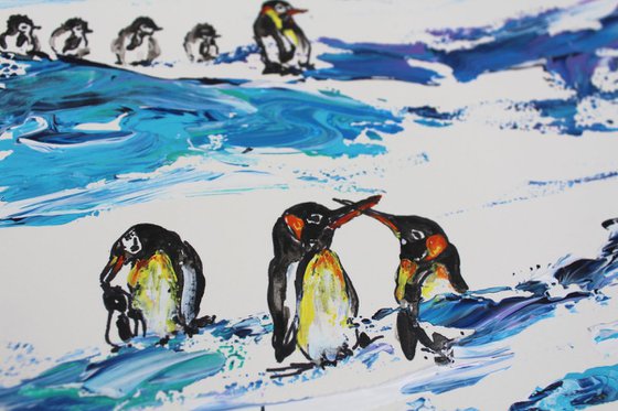 Penguin World - "We the Planet , 2018 " - Birds Landscape Impasto Painting on 300 GSM Handmade Paper - Bird Art