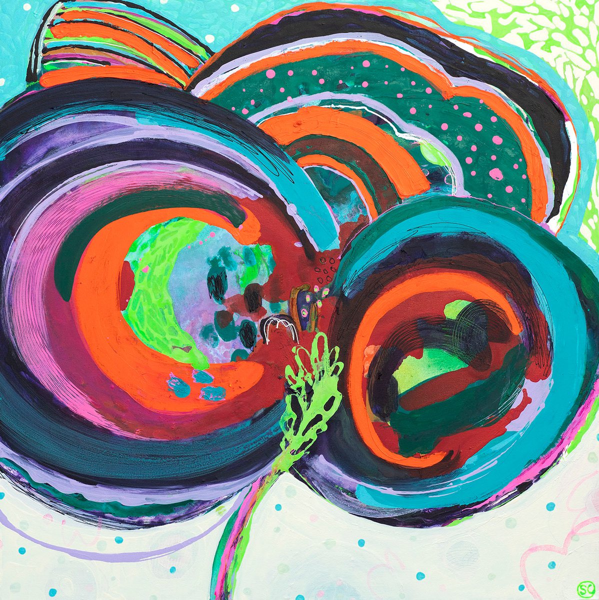 Expressive Botanical Acrylic Painting By Suzie Cumming, 39 X 39", Big Bloom, Original Artwork