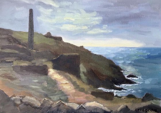 Old Cornish mine buildings, oil painting.