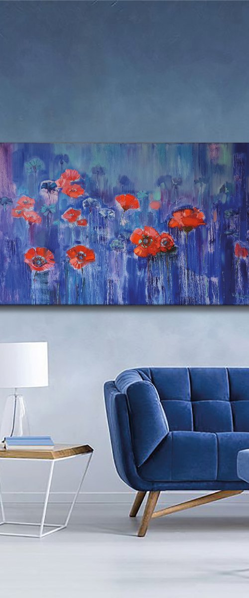 Poppies on blue by Mary Voloshyna