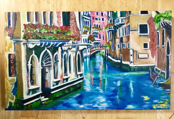 Venice . Canal . Water reflections. View of bridge. On sale.