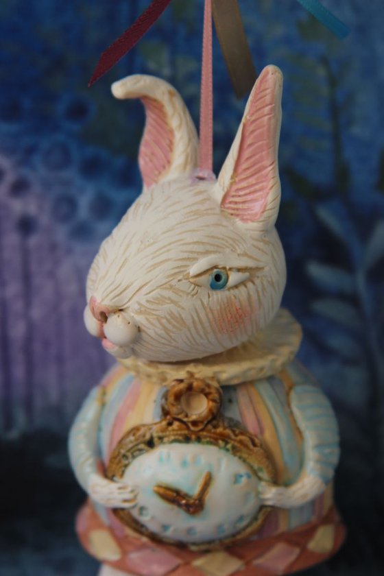 Little rabbit in harlequin dress. Hanging sculpture, bell doll by Elya Yalonetski