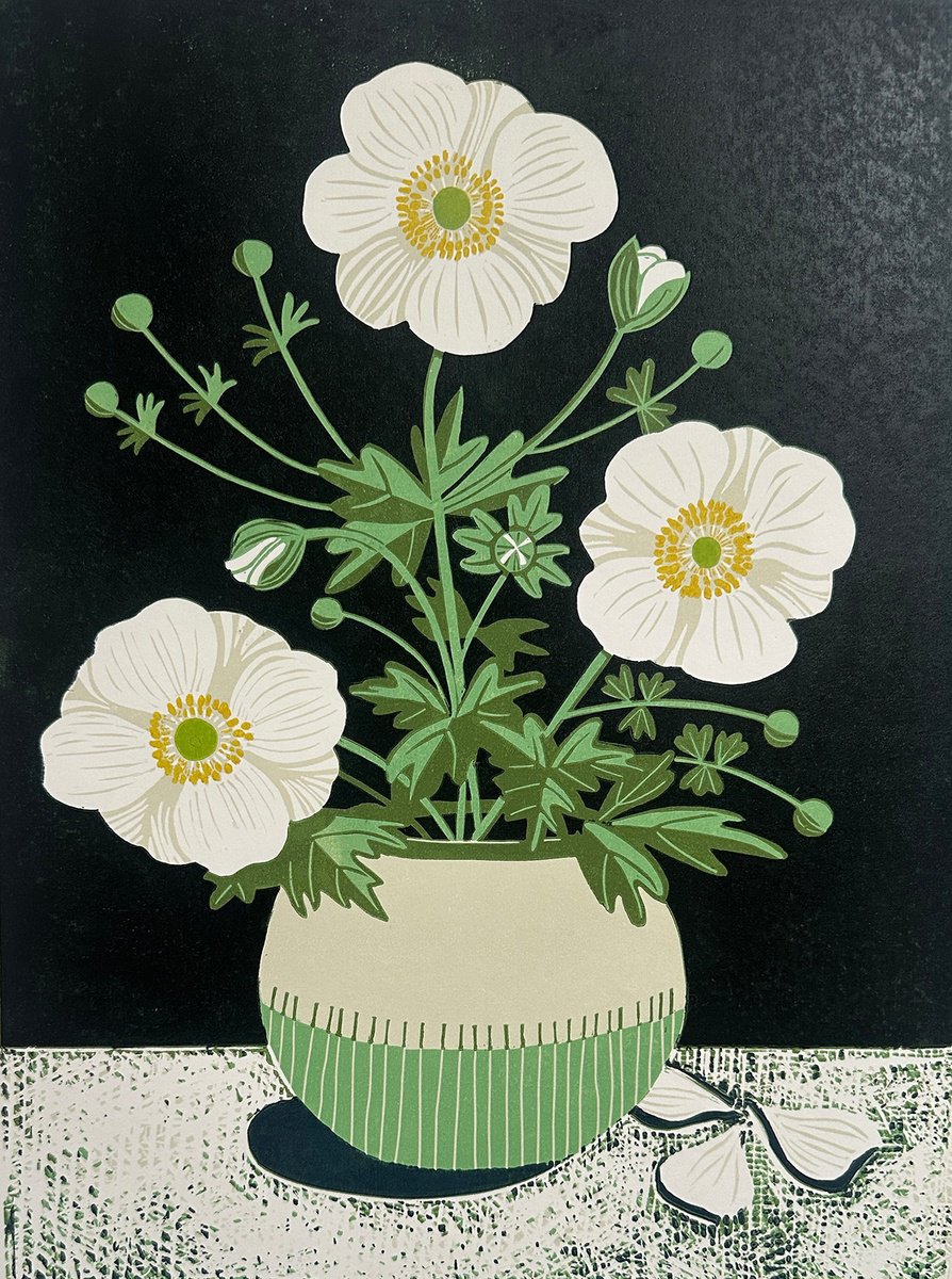 Illustrative Linocut , Japanese Anemones By Amanda Ribbans, 12 X 16, Artwork For Sale On Artfinder