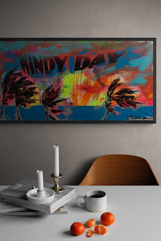 Expressionist bright painting - "WINDY DAY" - Pop Art - Palms and Sea - Night seascape - Sun - Orange Sunset