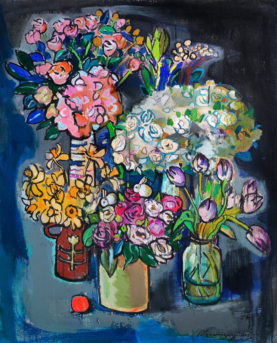 Impressionistic Botanical Acrylic Painting By Pavlo Makedonskyi, 39 X 47", Stilllife With Flowers & Hares, Original Artwork