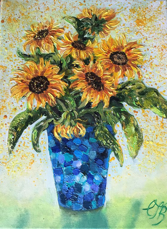 Yellow Sunflowers in a Blue Vase