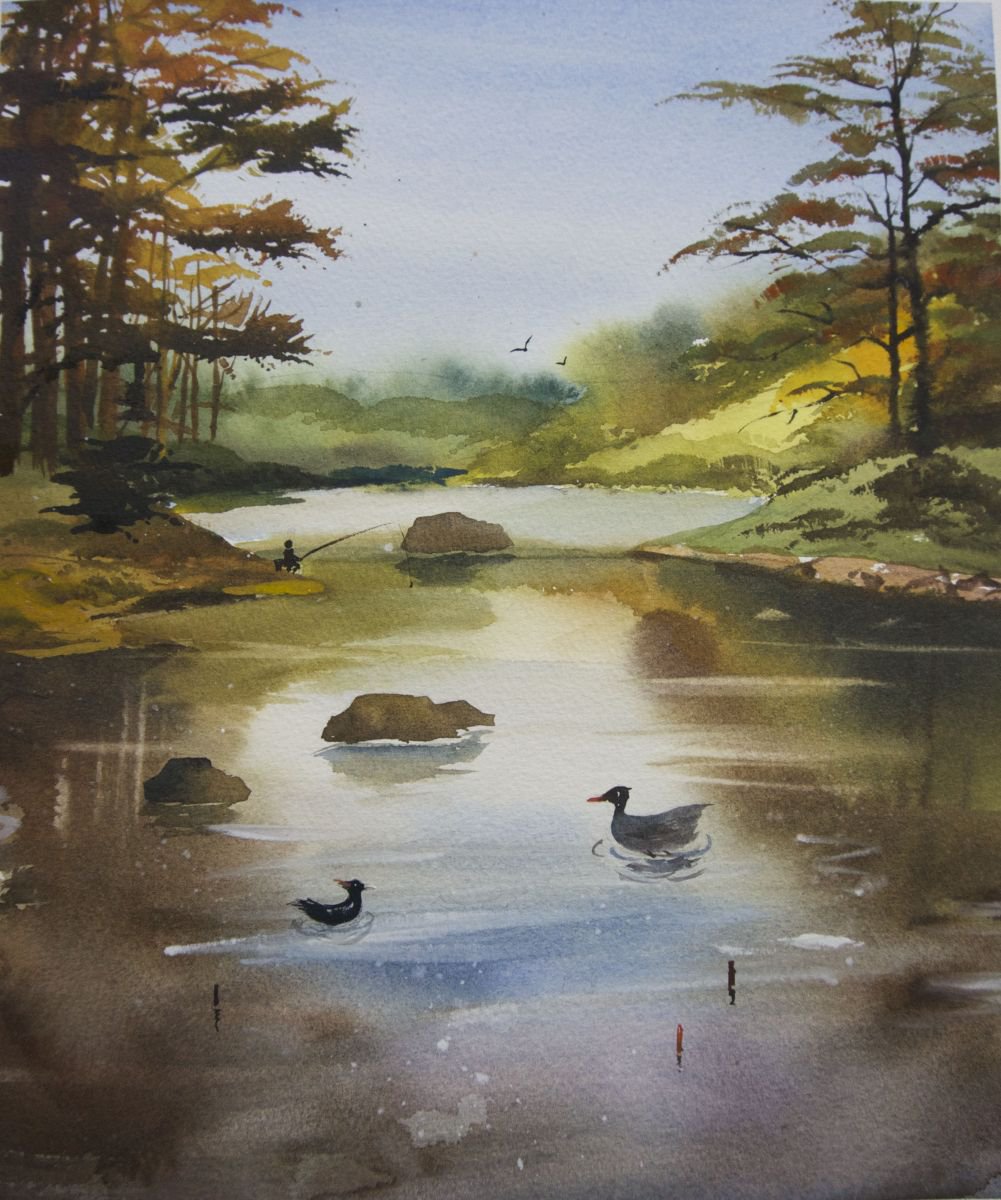 Impressionistic Landscape Watercolour By Jing Chen, 12 X 14, Fishing Time, Original Artwork