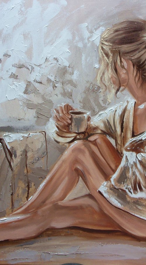 " SPRING COFFEE ... "-   liGHt  BOOK COFFEE ORIGINAL OIL PAINTING, GIFT, PALETTE KNIFE nude WINDOW by Monika Luniak