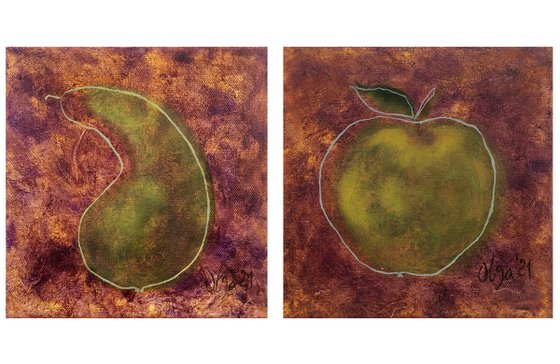 Diptych of small oil paintings with pear and apple fruits