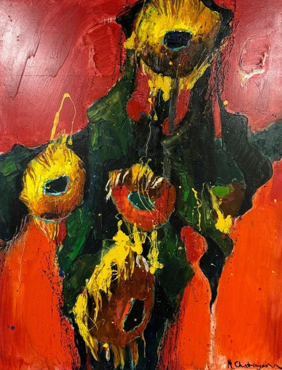 Sunflowers against a Red Background