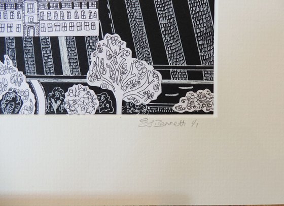 Cambridge skyline with King's College black and white drawing with (hand-cut) collage detail