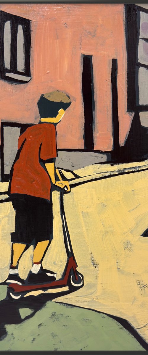 Boy on a Scooter — 16x16 in Original Painting by Daria Baklykova