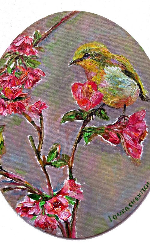Fairy Bird on a branch, oval painting 10x8 in by Katia Ricci