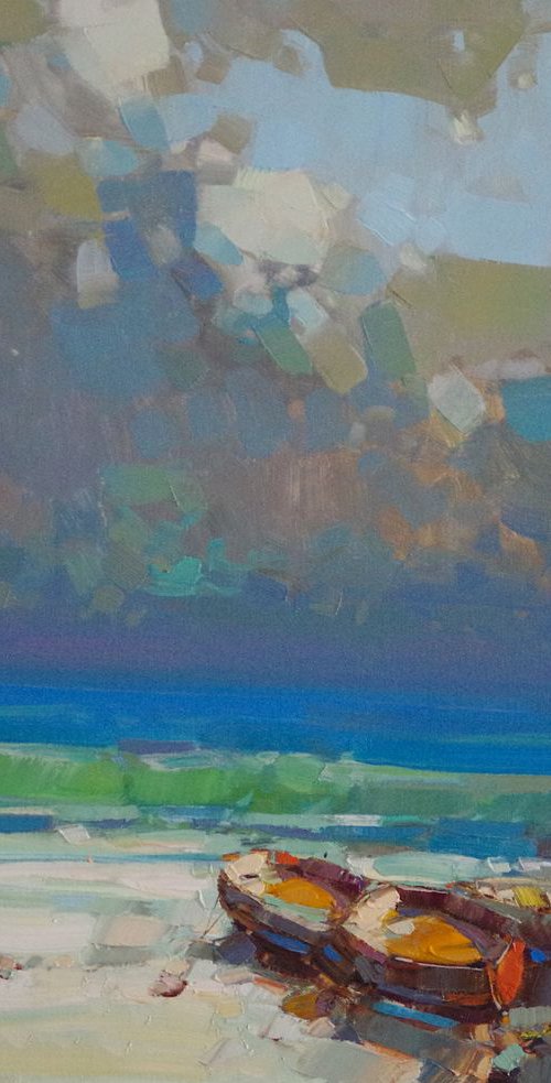 Fishing Boats, Seascape Original oil painting by Palette Knife, Handmade artwork, One of a kind Signed with Certificate of Authenticity by Vahe Yeremyan