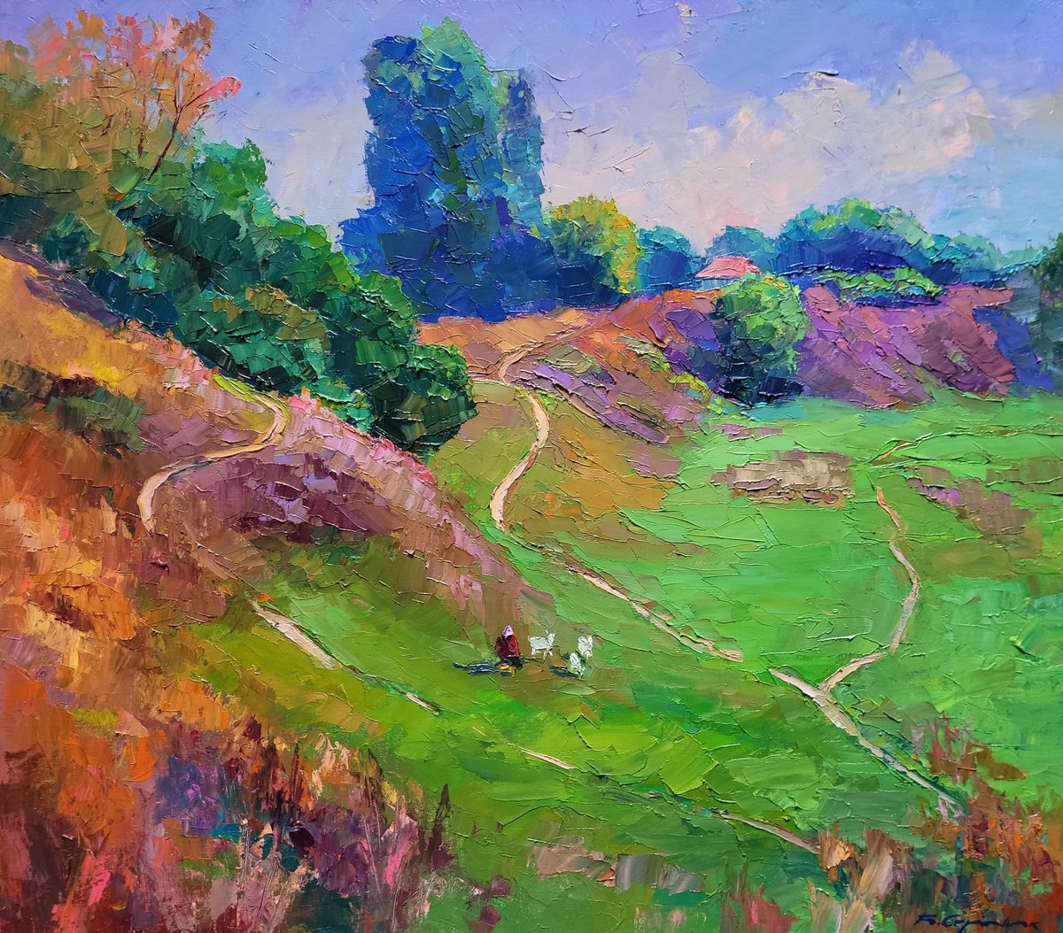 Impressionistic Landscape Oil Painting By Boris Serdyuk, 31 X 28, Trails, Original Artwork