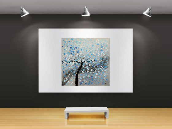 Blue Dreams  Acrylic Art Painting , Blue Cherry Blossoms, Abstract Painting, Flowers, Large Painting Canvas Wall Art