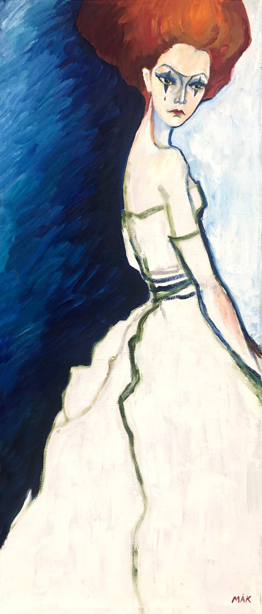 RED-HEADED PIERROT - blue and white woman oil painting with a white clown gift idea home d... by Irene Makarova