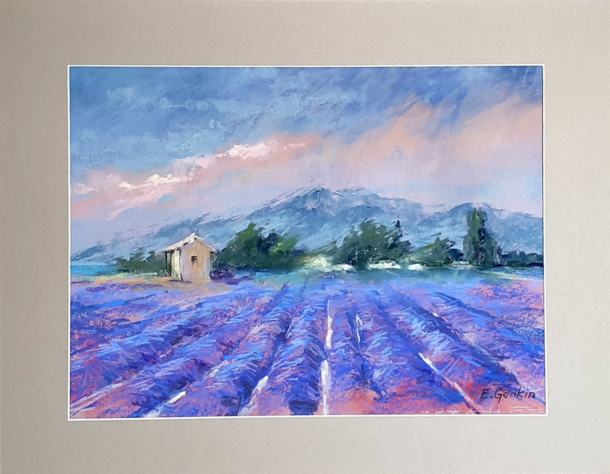 Impressionistic Landscape Pastel Drawing By Elena Genkin, 16 X 12, Lavender Fields., Original Artwork