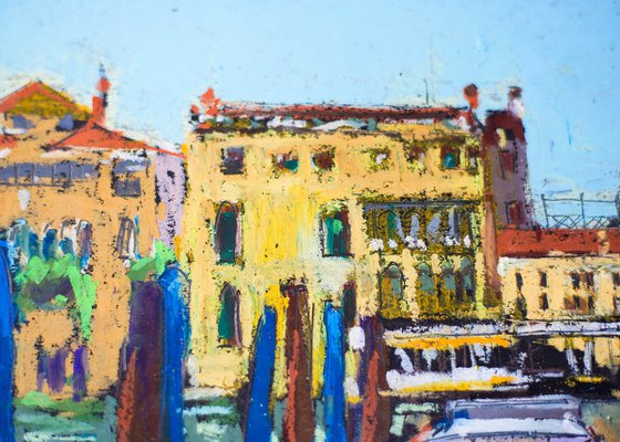 Venice. View of the Canal and boats. Cities of my dreams series. Small oil pastel drawing bright colors italy