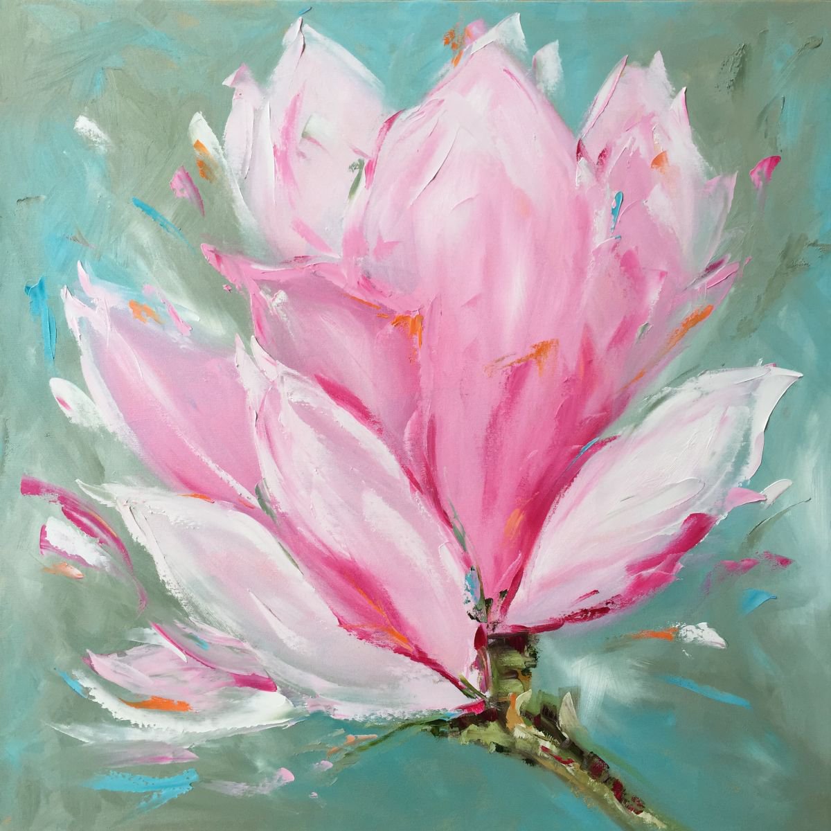 Spring Magnolia 30x30 oil on canvas with brush and palette knife by Emma Bell