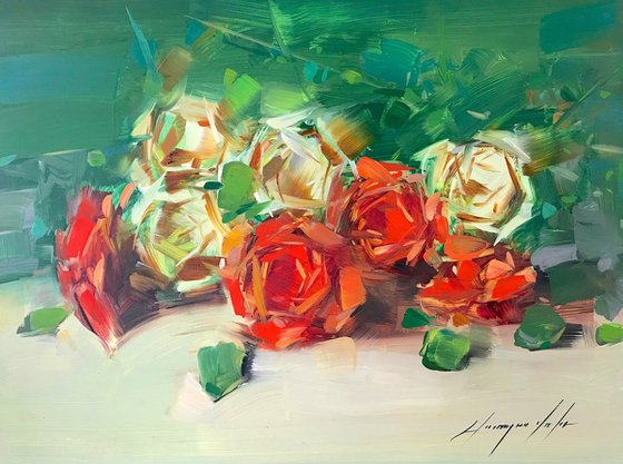 Roses, Oil painting, One of a kind, Signed, Handmade artwork