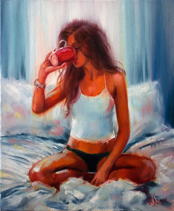 BUT FIRST COFFEE (Beautiful girl Oil Painting Portrait)