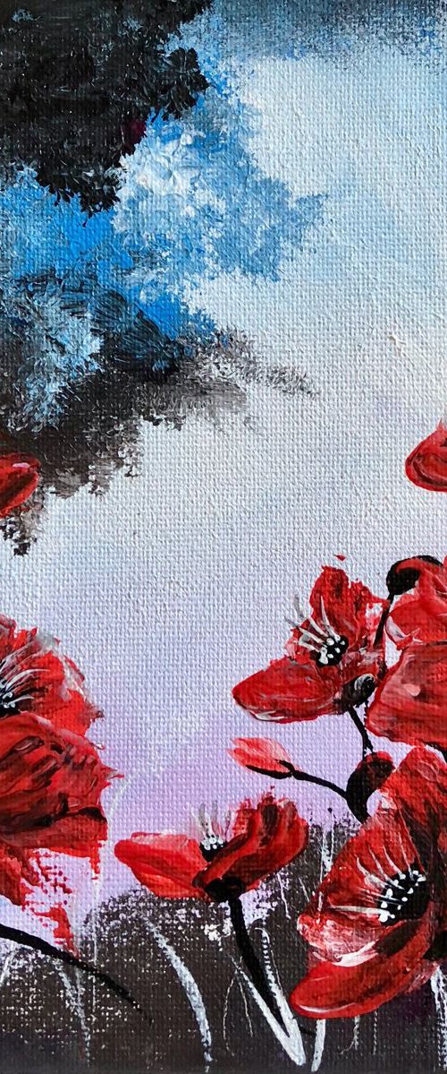 Red poppies under a blue stormy sky by Marja Brown