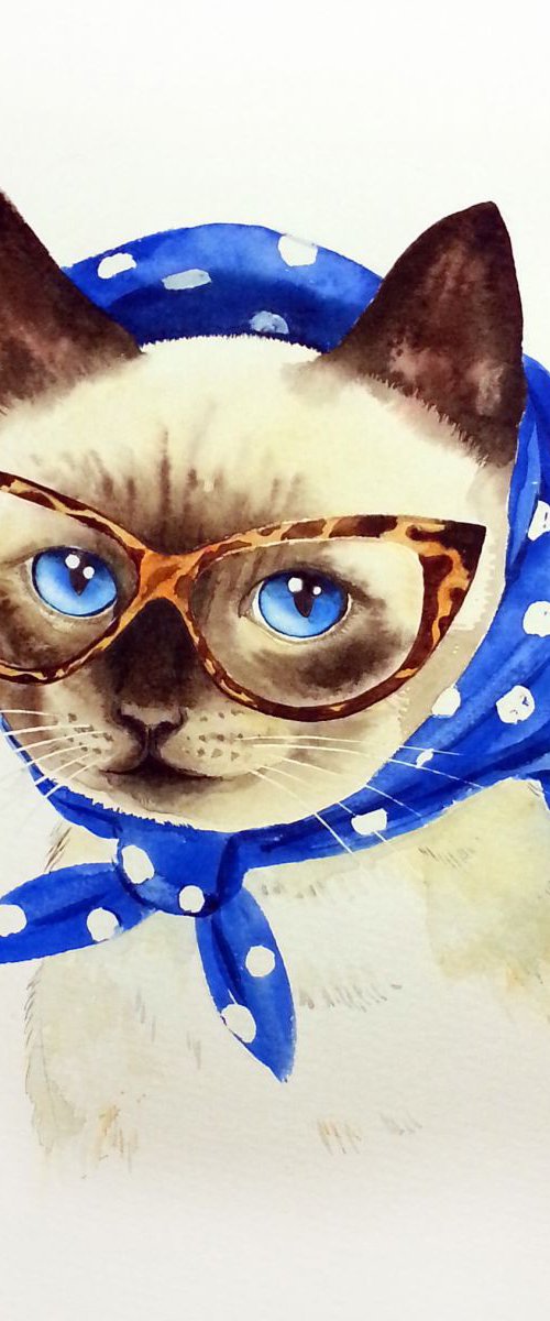 Lady Cat in Headscarf - Retro by Olga Beliaeva Watercolour