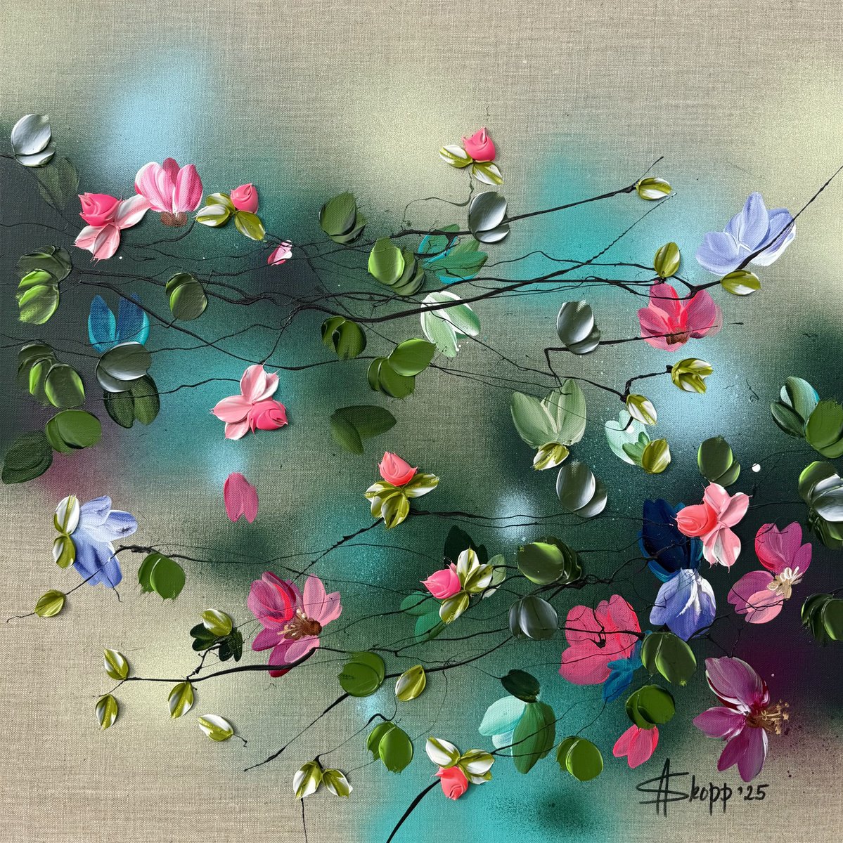 Expressive Botanical Acrylic Painting By Anastassia Skopp, 24 X 24, Flower Talk I, Original Artwork