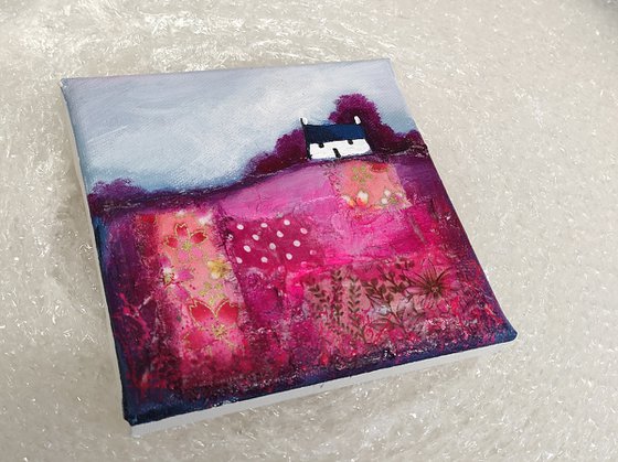 Little cottage on pink patchwork Field Textured Landscape