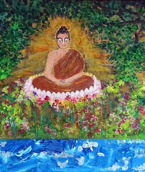 Buddha in forrest by the water by Conrad  Bloemers