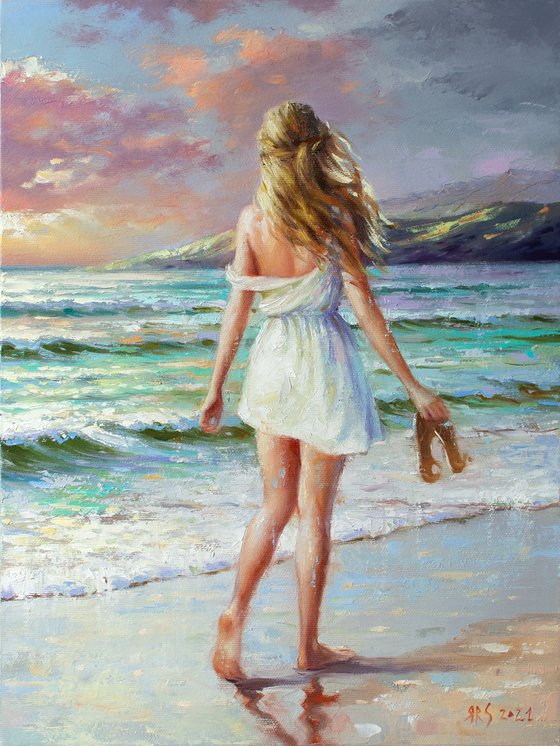 WALK BY THE SEA by Yaroslav Sobol (Modern Impressionistic Figurative Oil painting of a Woman in Romantic Sea Landscape Girl Model Beach scene Gift Home Decor)