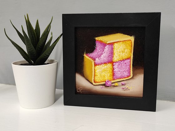 Little Battenberg cake slice still life