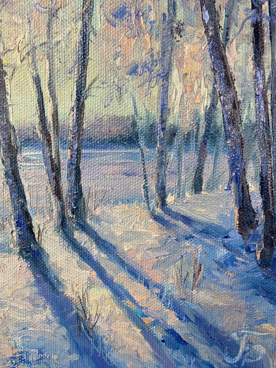 Winter lace.  Winter forest, winter landscape, small painting.