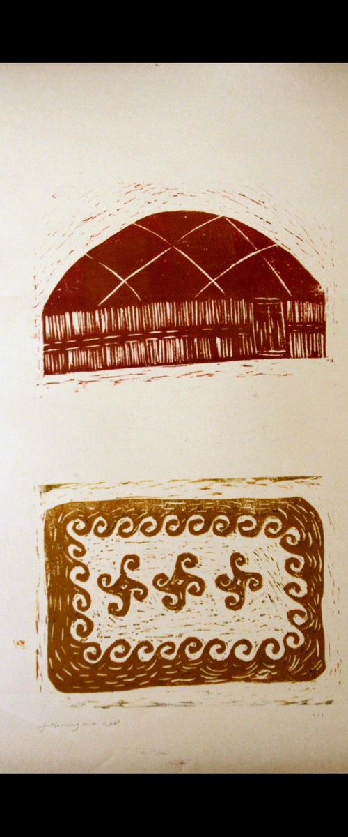 Turkmen Oba 5, 50 x70 cm, Linocut (2008) by Jamaleddin Toomajnia