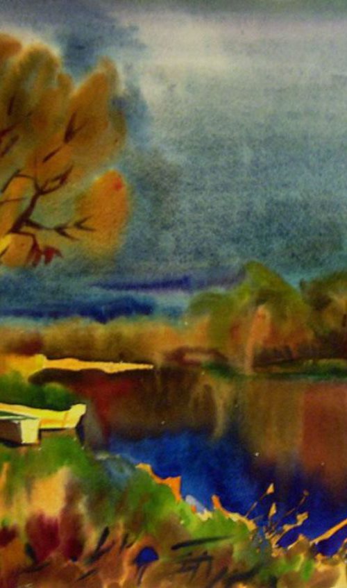 Autumn trees and  boats, 73x51 cm by Valentina Kachina