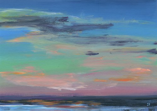 Abstract acrylic sea landscape painting , coastal sunset artwork , beach wall art with cloudy sky by Irina Povaliaeva