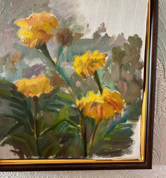 Marigolds flowers original oil artwork from Ukraine