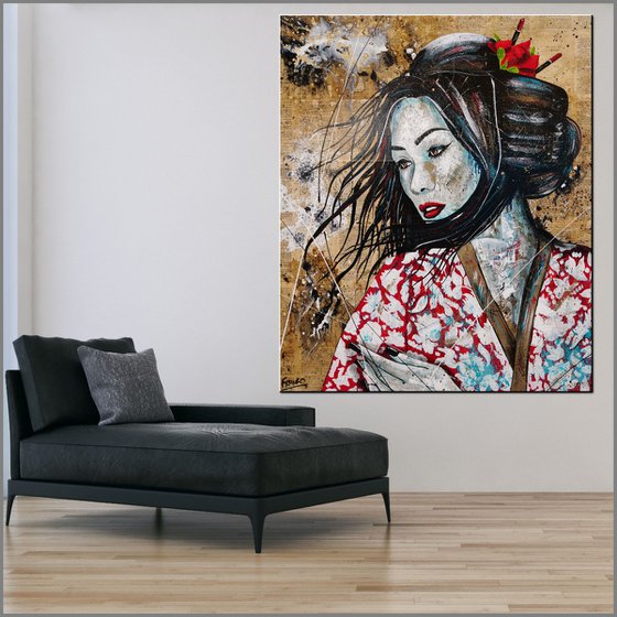 Cherry Memories 120cm x 100cm Red Kimono Geisha Abstract Realism Book Page Art