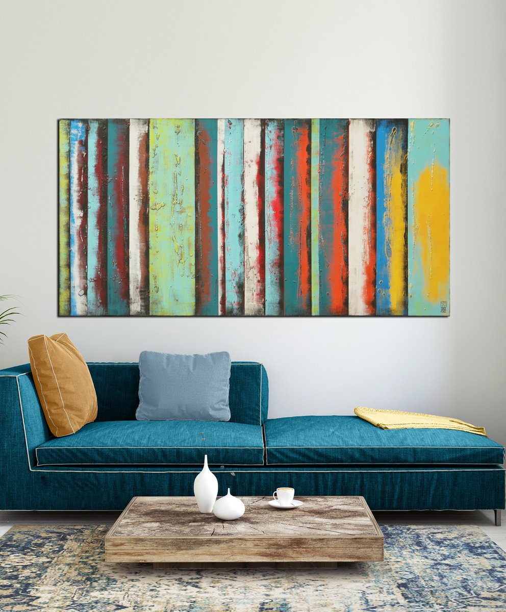 Abstract Acrylic Painting By Ronald Hunter, 71 X 35", Yellow Panels, Original Artwork