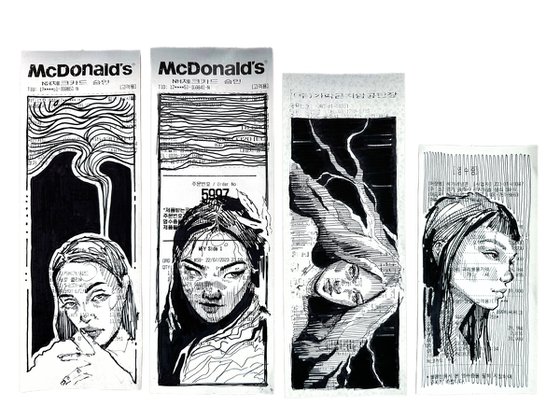 Sketches on shop receipts. Woman portraits. Set of 4