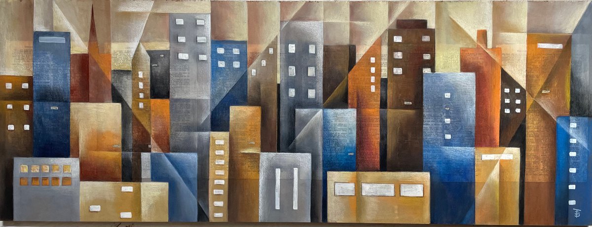 Geometric Landscape Pencil Drawing By Tiffany Budd, 35 X 16", Living Toward The Town, Original Artwork