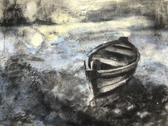 Moonlight On The River Charcoal Drawing