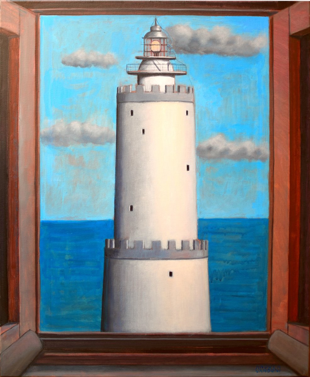 Photorealistic Landscape Acrylic Painting By Andrea Vandoni, 24 X 29, The White Lighthouse, Original Artwork