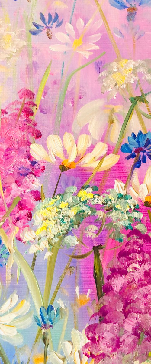MAGENTA GARDEN - Park. Garden flowers. Summer. Brightness. Magenta. Lupines. Daisies. by Marina Skromova