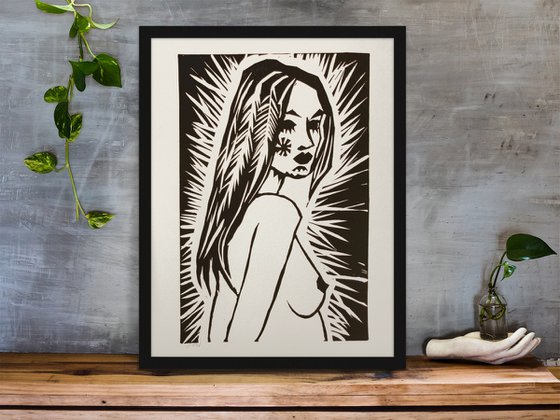 Standing Nude Expressionist Lino Cut Hand Pulled Print