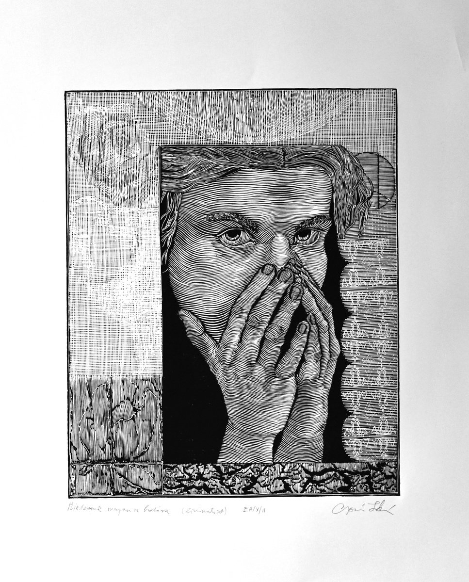 Photorealistic Portrait Linocut By Zoltan Csomos, 20 X 28", The Name Of The Rose, Original Artwork